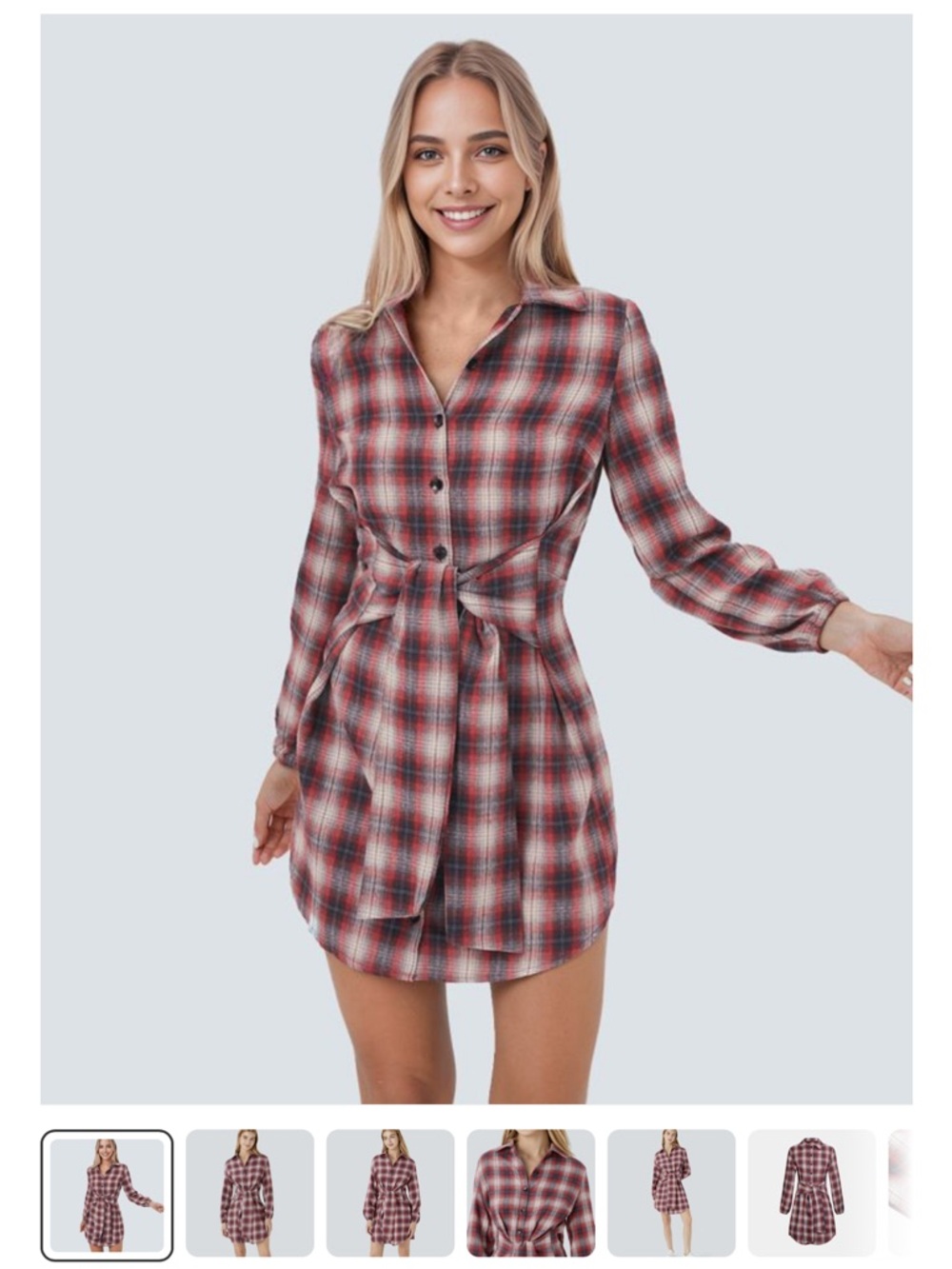 Halara Red and Gray Plaid Button-Front Shirt Dress